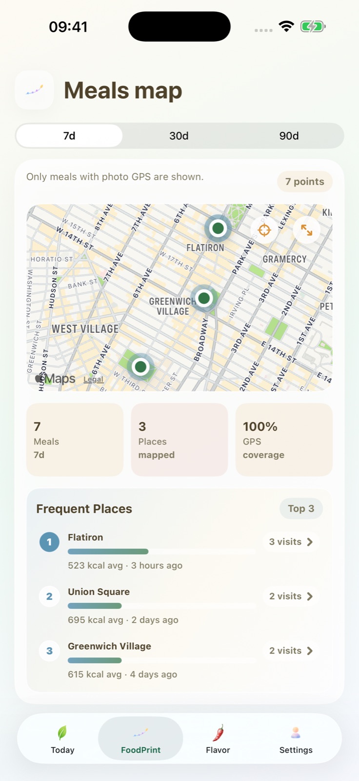 LiveEnergy app showing a food map of New York and frequently visited places
